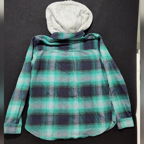 American Eagle Button Up Flannel Hoodie, Vintage Boyfriend, Large, Green Plaid - Picture 7 of 9